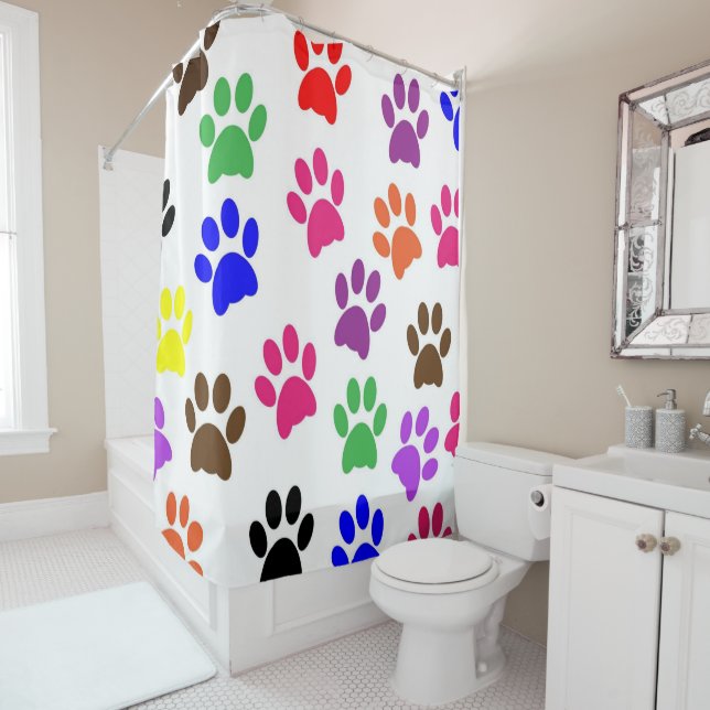 Shower Curtain Colourful Paw Prints (In Situ)