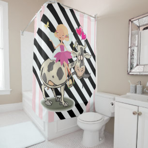 Shower Curtain Cow Pink & Black Stripes