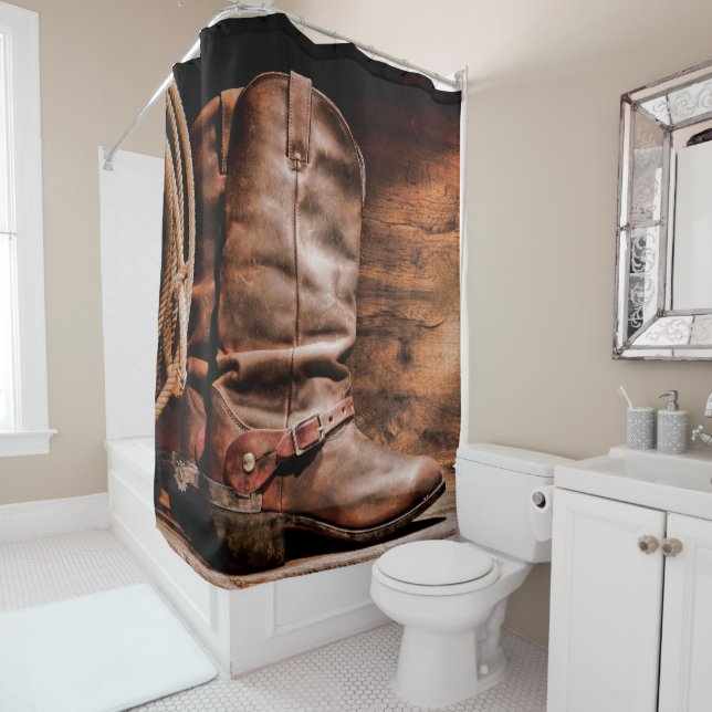 Shower Curtain Cowboy Boots Barn Wood Rustic Count (In Situ)