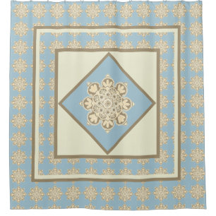 Shower Curtain cream medallions on sky blue