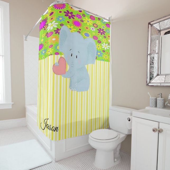 Shower Curtain Elephant Yellow Stripe (In Situ)