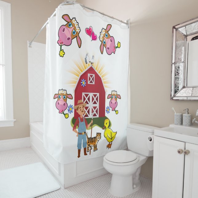 Shower Curtain Farmer Farm House Yellow Ducks Cows (In Situ)