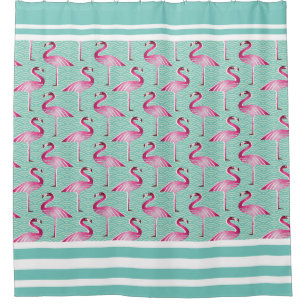 Shower Curtain/Flamingos-Green and White Stripes