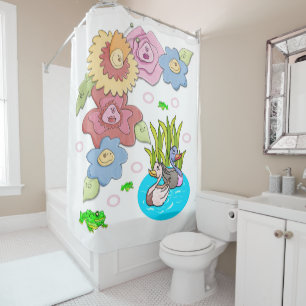 Shower Curtain Floral Frog Ducks Pond