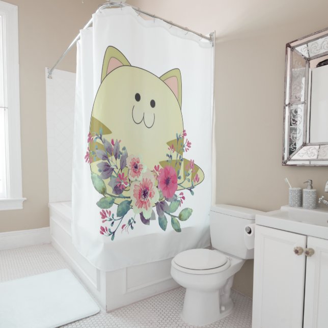 Shower Curtain Floral Kitten Cat (In Situ)