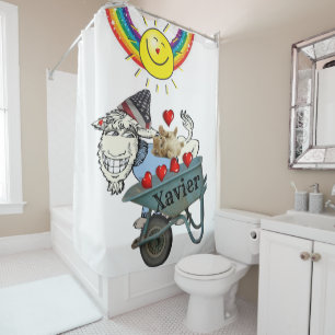 Shower Curtain Goat Kitten Love Red Hearts