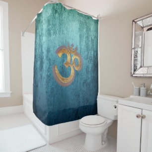 Shower Curtain gold blue damask yoga symbol om
