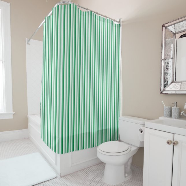Shower Curtain Green and White Stripe (In Situ)