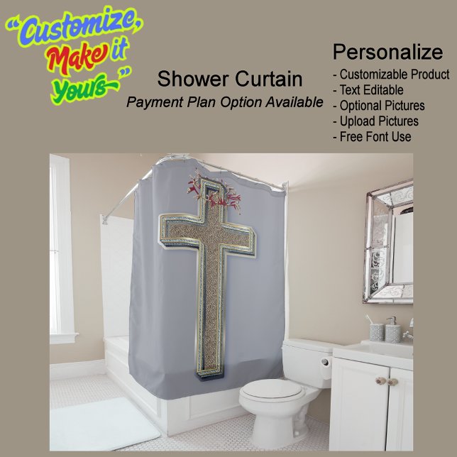 Shower Curtain Grey Background (Cross Biblical Shower Curtain Featuring a Grey Background.)
