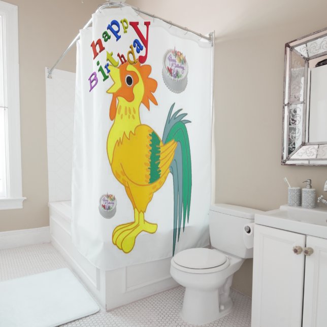 Shower Curtain Happy Birthday Rooster (In Situ)