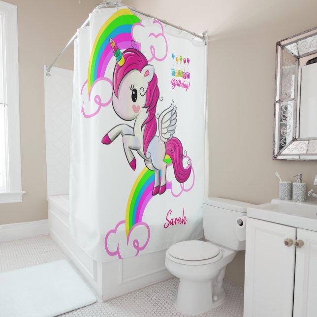Shower Curtain Happy Birthday Unicorn (In Situ)