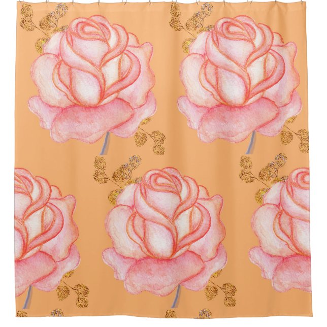 Shower Curtain Large Pink Roses Faux Gold Leaves (Front)