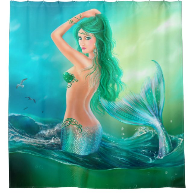 Shower Curtain, mermaid fantasy at ocean on waves (Front)