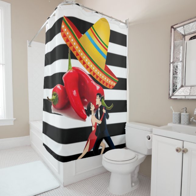 Shower Curtain Mexican Dancers Black Stripe (In Situ)