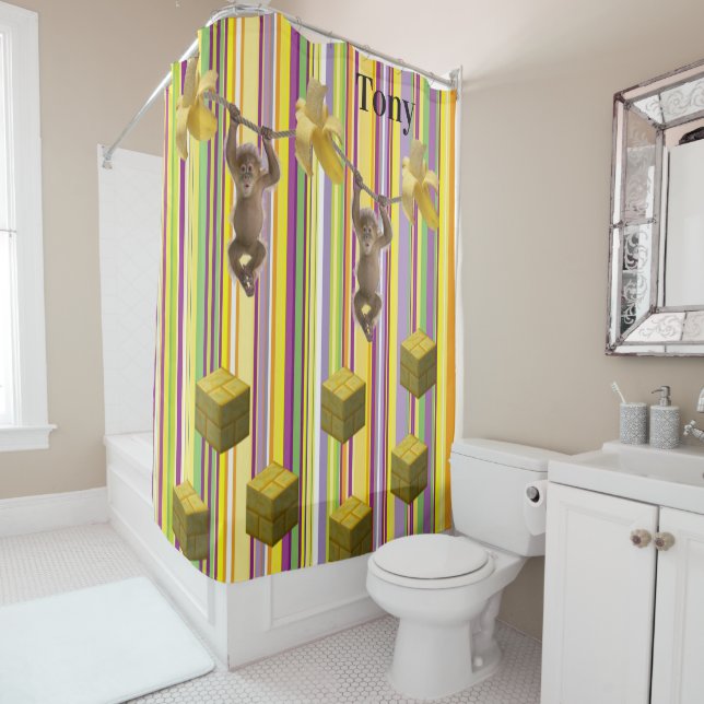 Shower Curtain Monkeys Rope Stripe (In Situ)