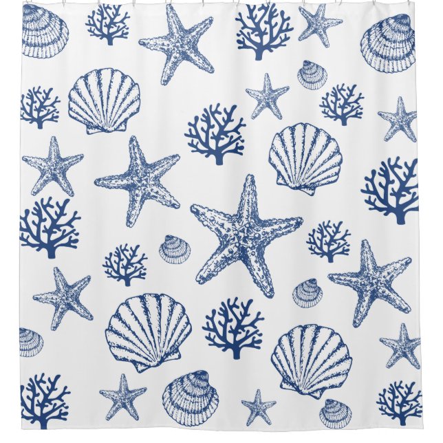 Shower Curtain Navy Blue Seashell Pattern  (Front)