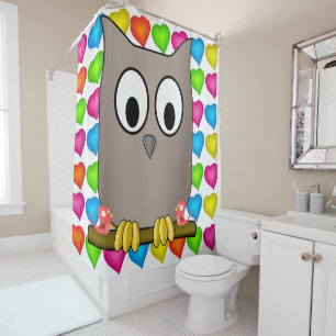 Shower Curtain Owl Coloured Hearts