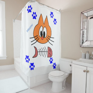 Shower Curtain Paw Prints Cat Fish Bones