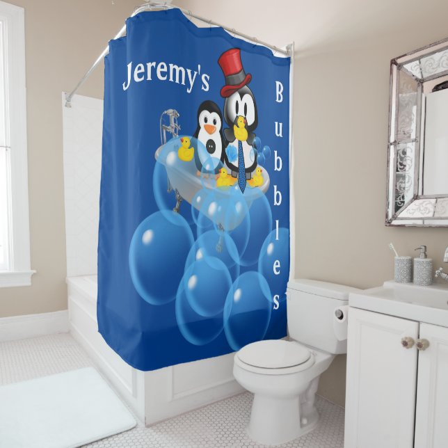 Shower Curtain Penguin Bubbles Yellow Ducks (In Situ)