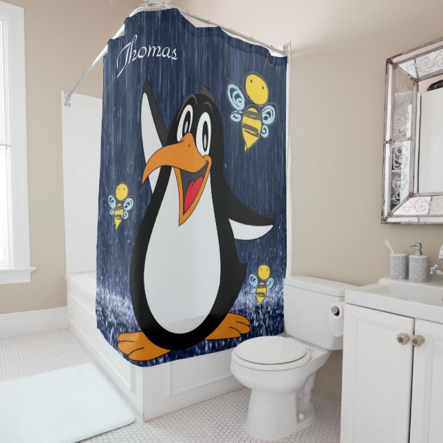 Shower Curtain Penguin Bumblebee Rain (In Situ)