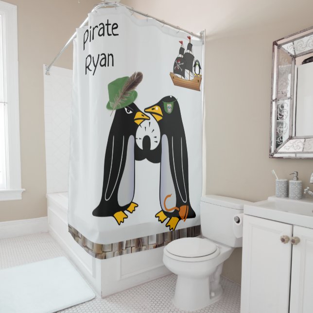 Shower Curtain Penguin Pirate Patch Boat (In Situ)