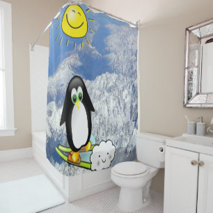 Shower Curtain Penguin Skiing Sun Clouds Mountains