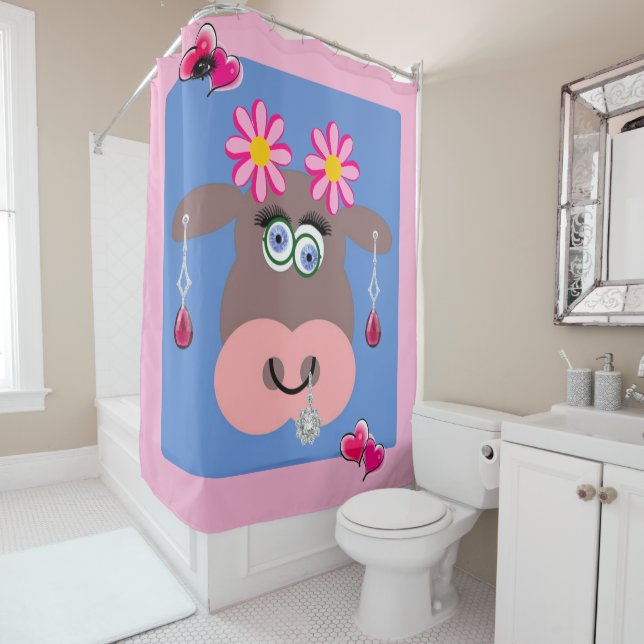 Shower Curtain Pink Cow Blue Floral (In Situ)