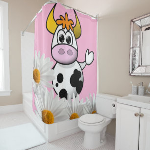 Shower Curtain Pink Cow White Daisy