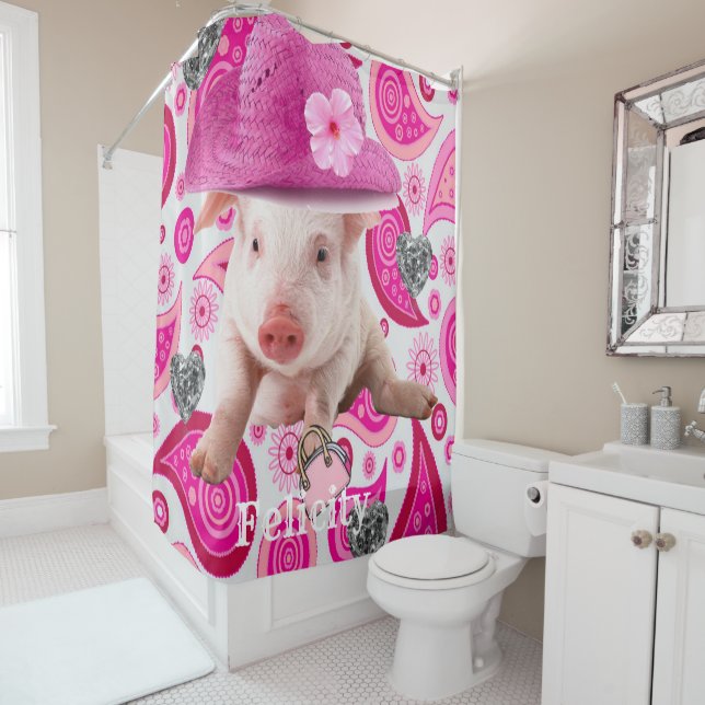 Shower Curtain Pink Pig Silver Hearts Paisley (In Situ)