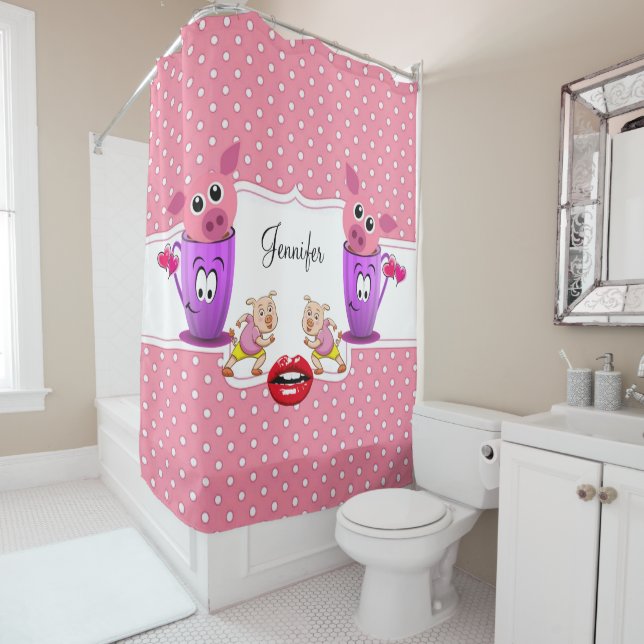 Shower Curtain Pink Pigs Polkadot (In Situ)