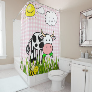 Shower Curtain Pink Plaid Cow Sun Clouds Bumblebee