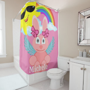 Shower Curtain Pink Rabbit Rainbow Sun