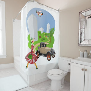 Shower Curtain Retro Woman Car Dog Airplane