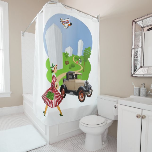Shower Curtain Retro Woman Car Dog Airplane (In Situ)