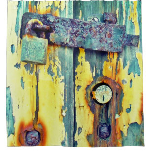 Shower curtain Rusty aqua painted barn door lock