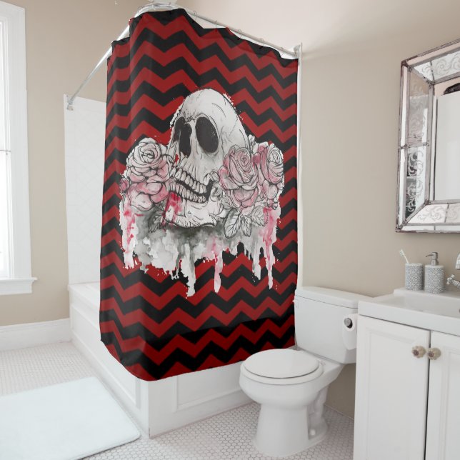 Shower Curtain skull Rose Gothic Chevron red black (In Situ)