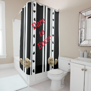 Shower Curtain Skulls Black Hearts Black Stripe