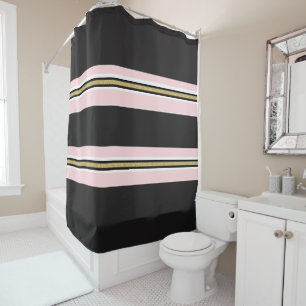 Shower Curtain Stripe Pink & White Gold Black