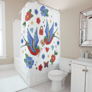 Shower Curtain Traditional Bird Tattoo Sparrow bir