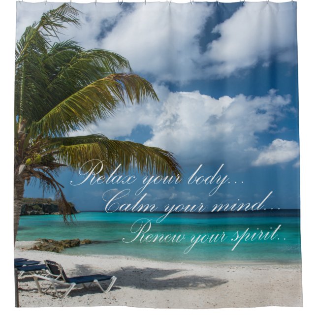 Shower Curtain/Tropical Beach with Quote (Front)