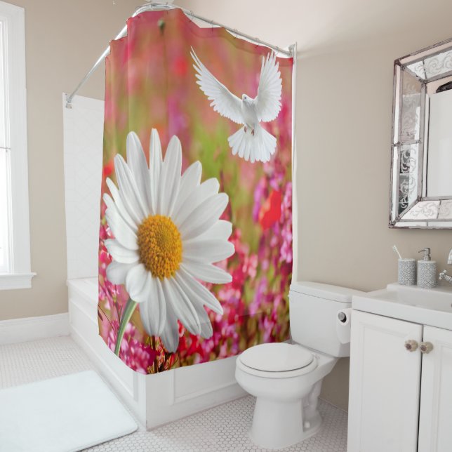 Shower Curtain White Dove Daisy Pink Floral (In Situ)