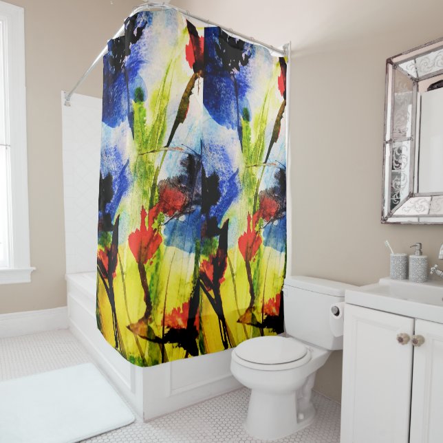 shower curtain with blue watercolor flowers (In Situ)