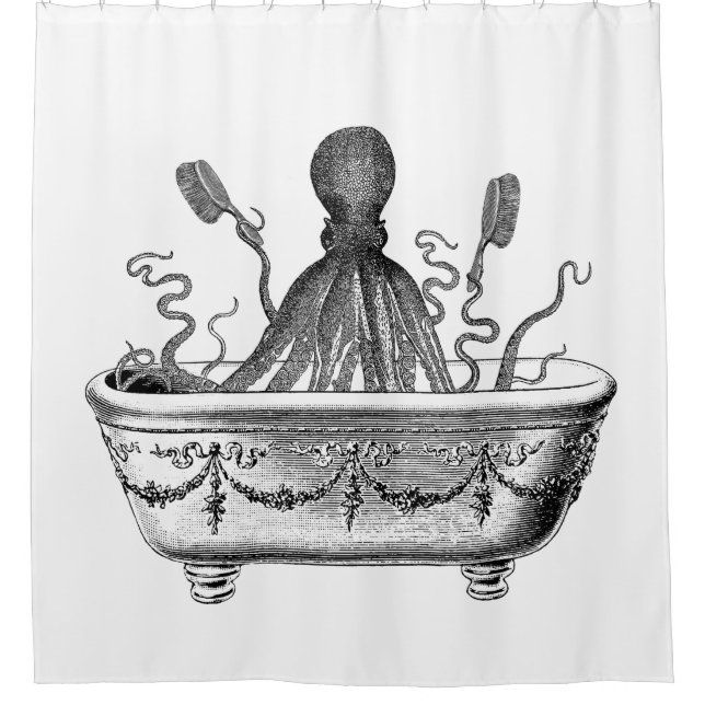 Shower curtain with vintage octopus in bath (Front)