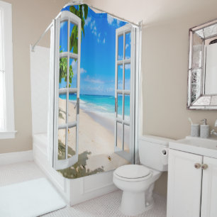 Shower Curtain With Window Beach Scene