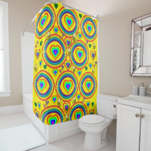 Shower Curtain Yellow Bumblebee Rainbows Hearts