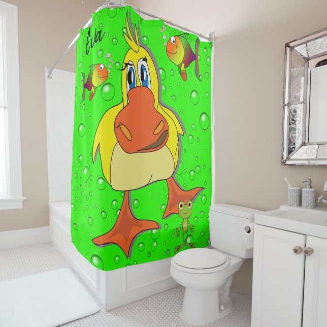 Shower Curtain Yellow Chick Bubbles Fish (In Situ)