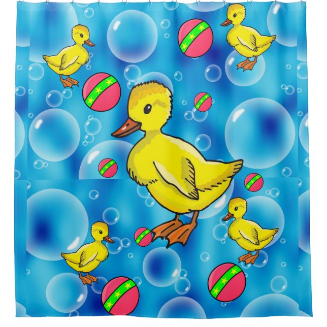 Shower Curtain, Yellow Duck, Bubbles (Front)
