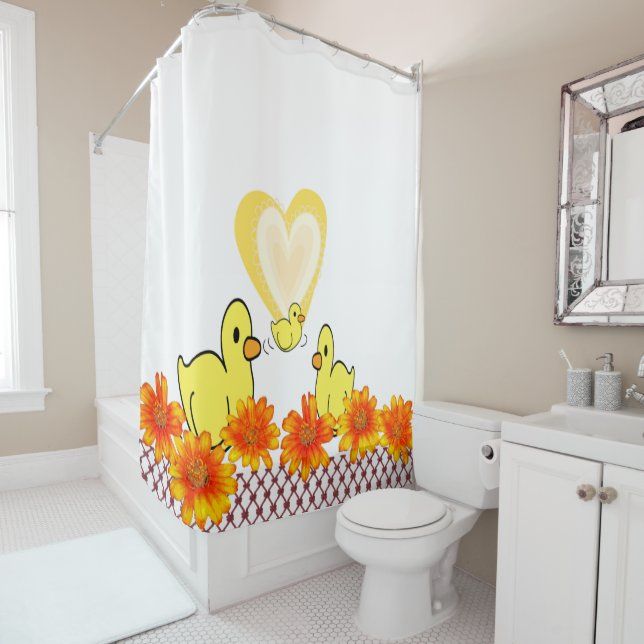 Shower Curtain Yellow Ducks Floral Hearts  (In Situ)