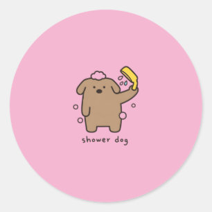Shower Dog Brown Poodle Bath Time Kawaii Classic Round Sticker