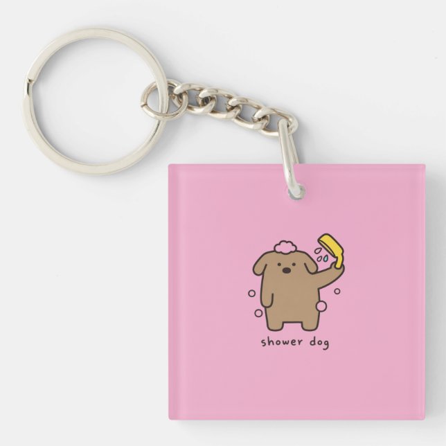 Shower Dog Brown Poodle Bath Time Kawaii Keychain (Front)